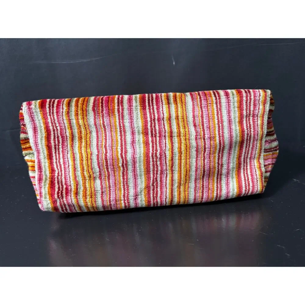 Handcrafted Satchel Bag Created with Vintage Striped Velour Fabric Lined Pouch